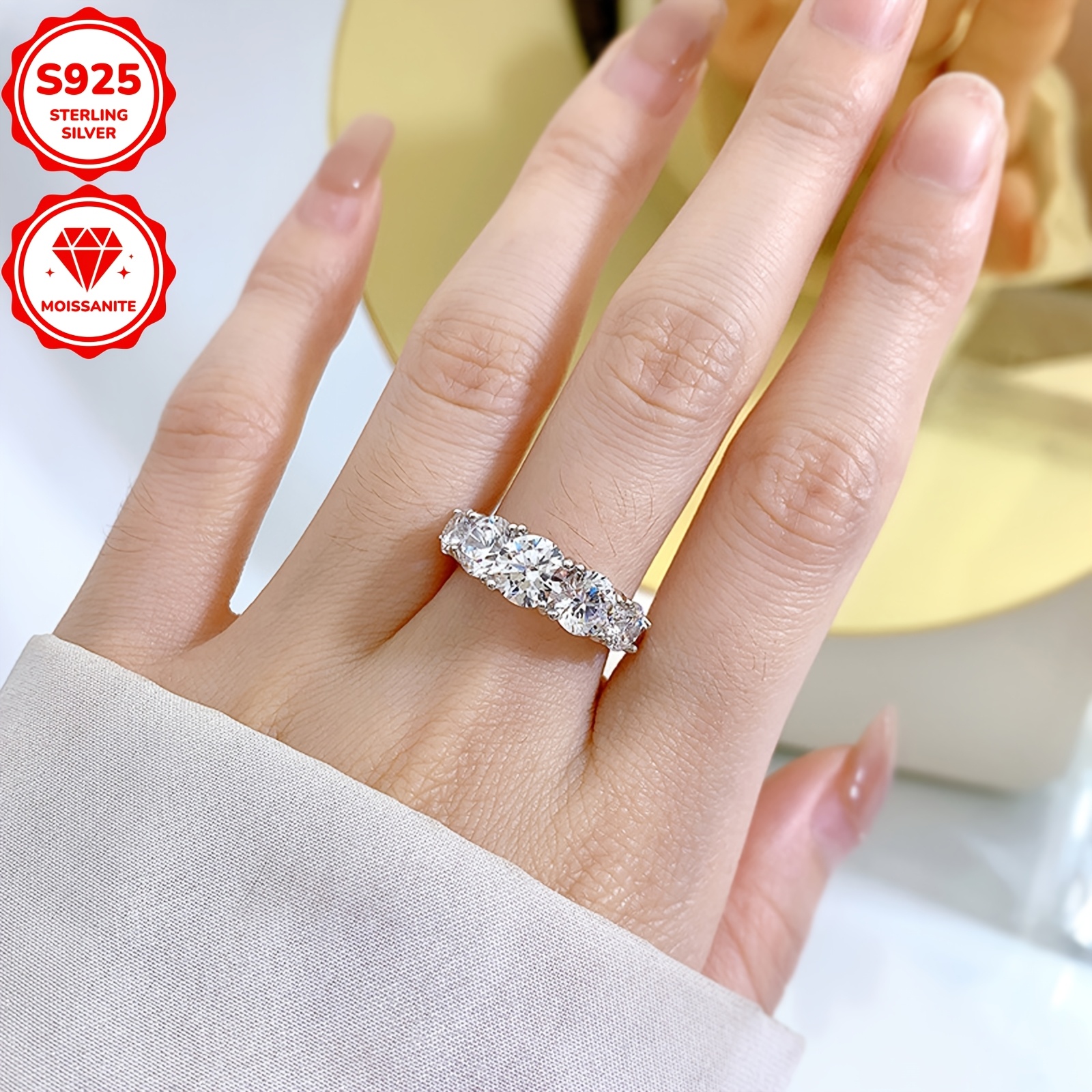 Moissanite 5 Stone 925 Silver Ring, 6.5mm Round Moissanite