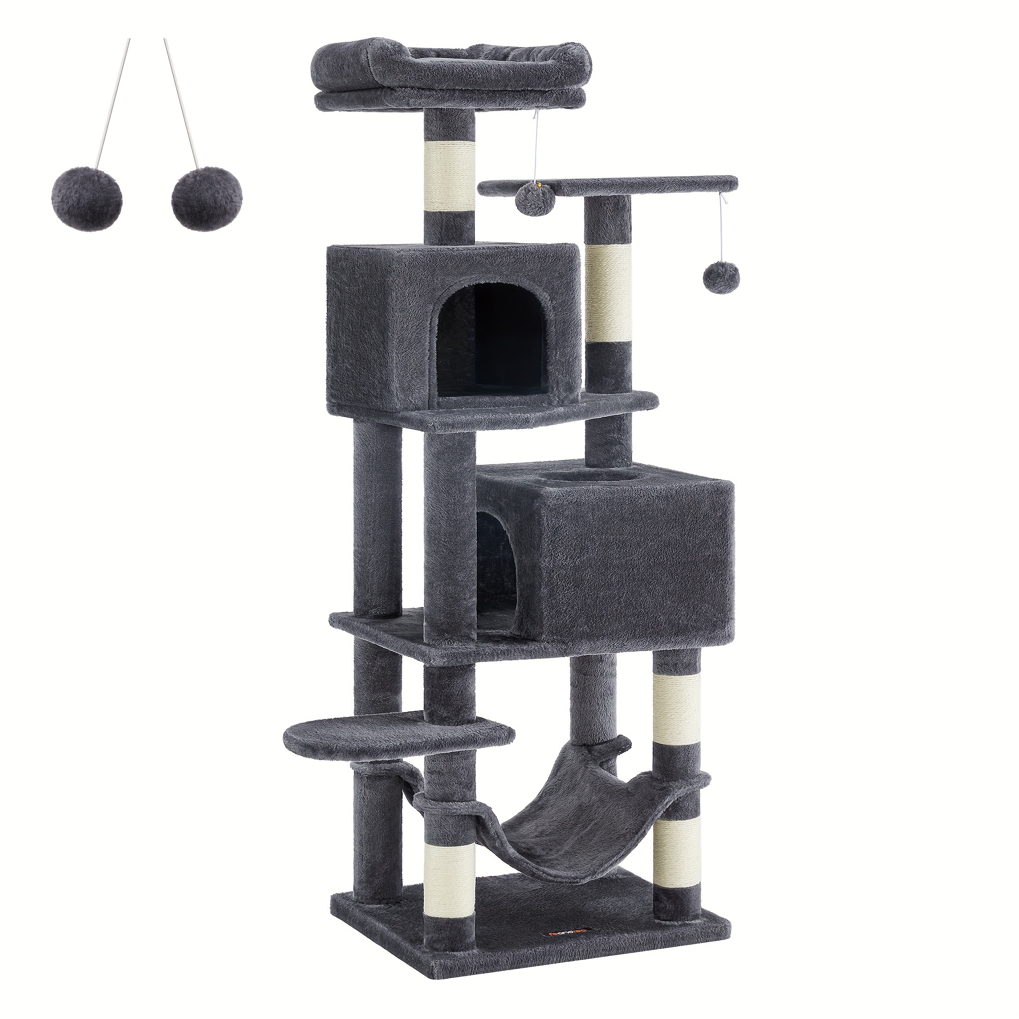 TEMU Cat Tree, Plush Multi-level Cat Condo With 5 Scratching Posts, 61-inch Cat Tower For Indoor Cats, 2 Perches, 2 Caves, Hammock, 2 Pompoms