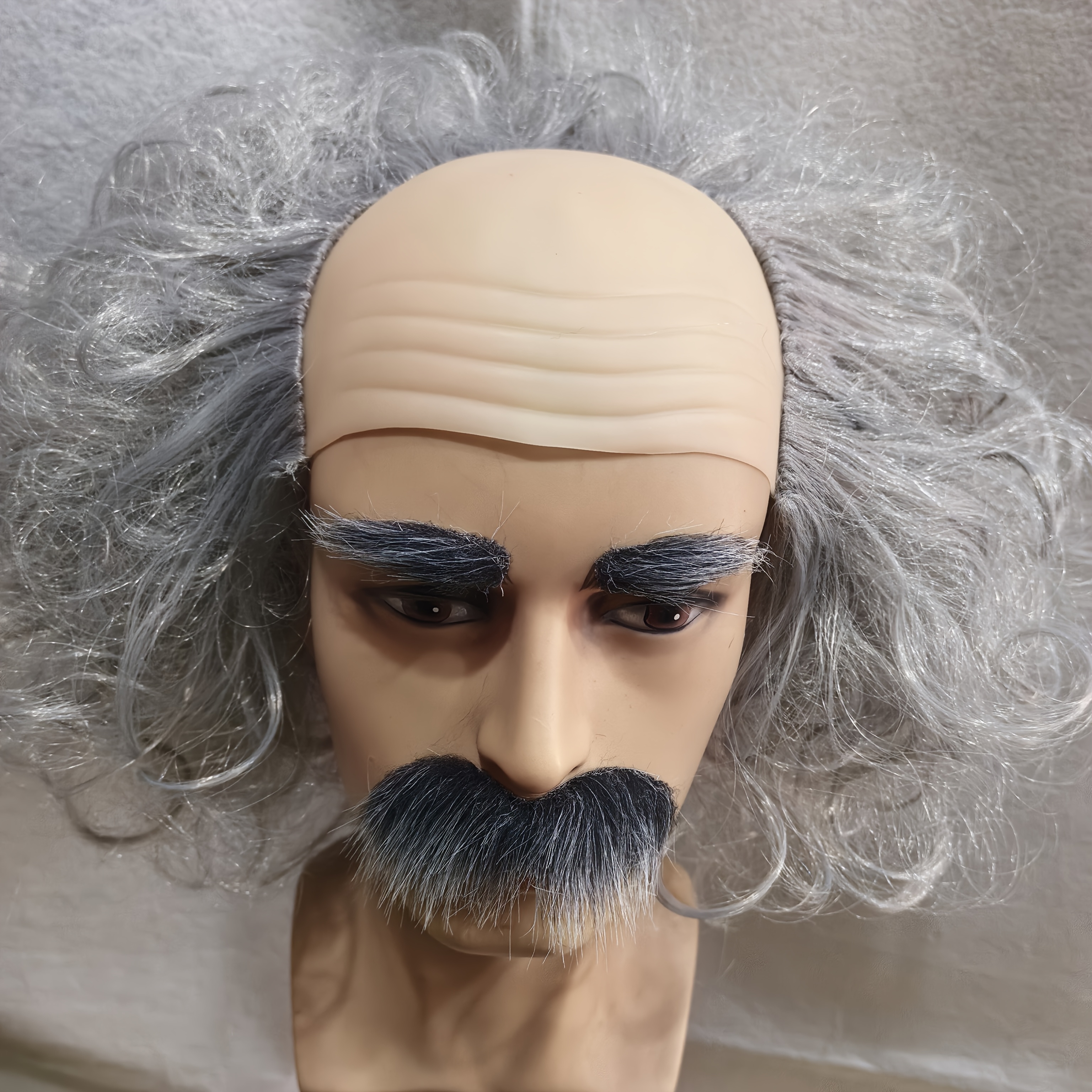 TEMU Scalp Wig, Gray Wig, Mustache And Eyebrow Wig Set, Old For Man Wig, Mad Scientist Wig