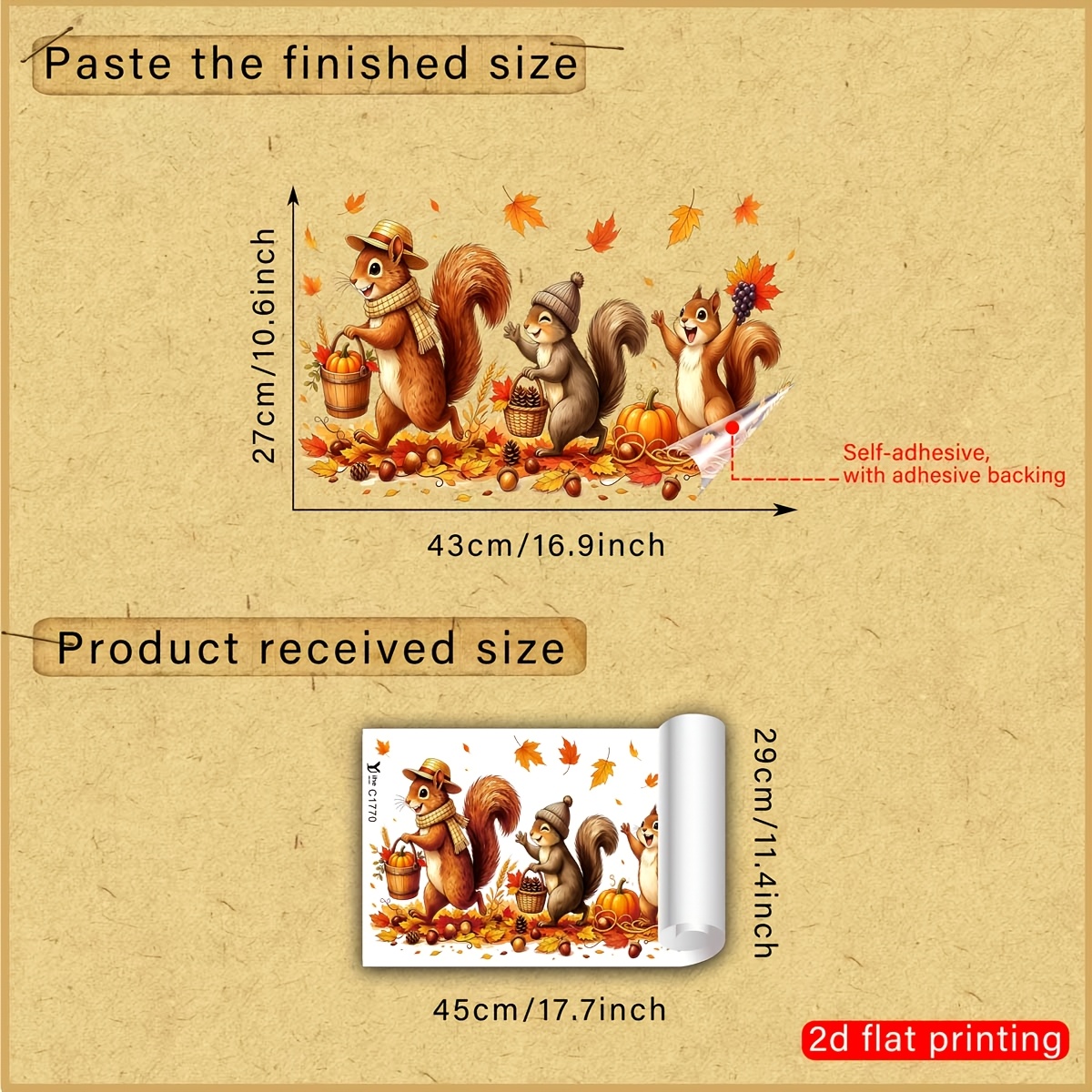 TEMU 2d Flat - 2d Flat - 1pc 2d Flat Printed Autumn Squirrels With Hat Scarf Bucket Pumpkin Wheat Maple Leaf 30 X 45cm Window Stickers Creative