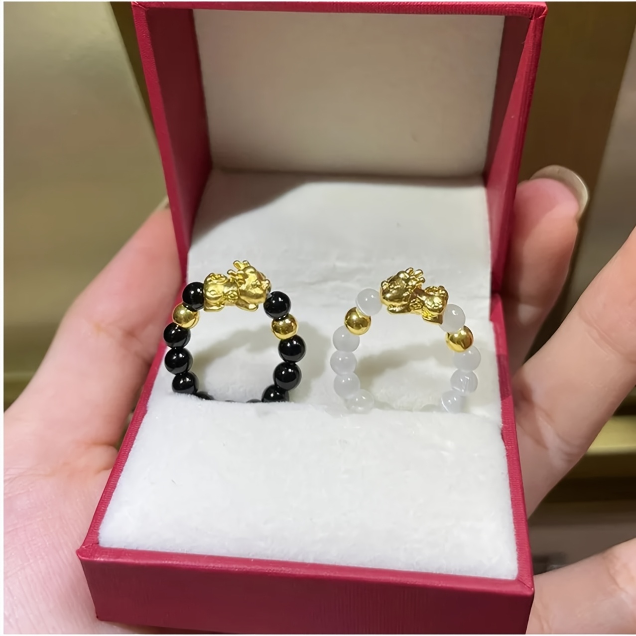 

2pcs Traditional Chinese Style Pixiu Couple Rings - Golden Bead & Black Resin, Fashionable Braided Design, Ideal For Valentine's Day Gift