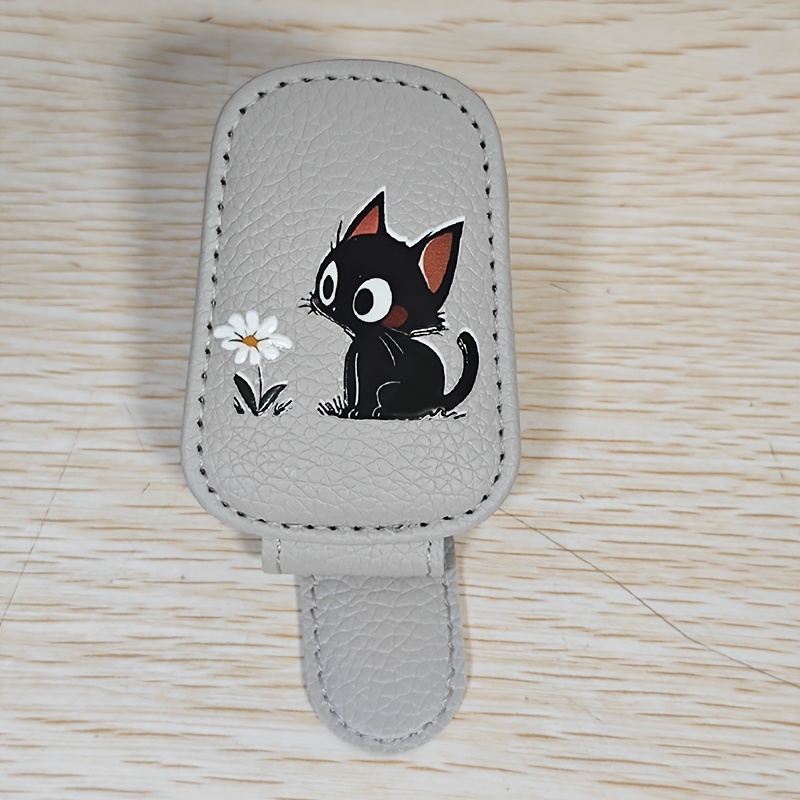 Image of Floral Cat Car Sun Visor Glasses Holder - Pu Material, Suitable For Storing Bank Cards, Credit Cards, Membership Cards, And Glasses, A Perfect Gift, A Fun Decorative Item