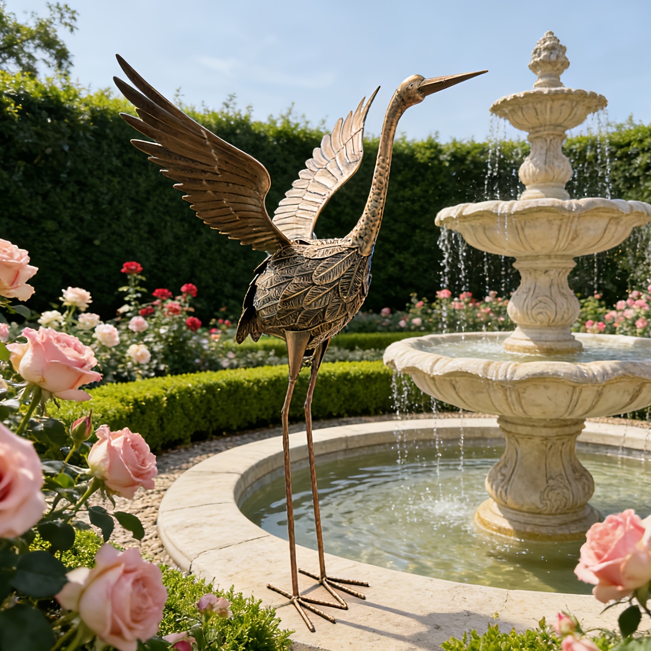 E-shop Vintage Kupfer Metall Kranich Statue Außendekoration - Freistehende Retro Gartenskulptur für Rasen, Teich, Hinterhof, Terrasse - Elegante