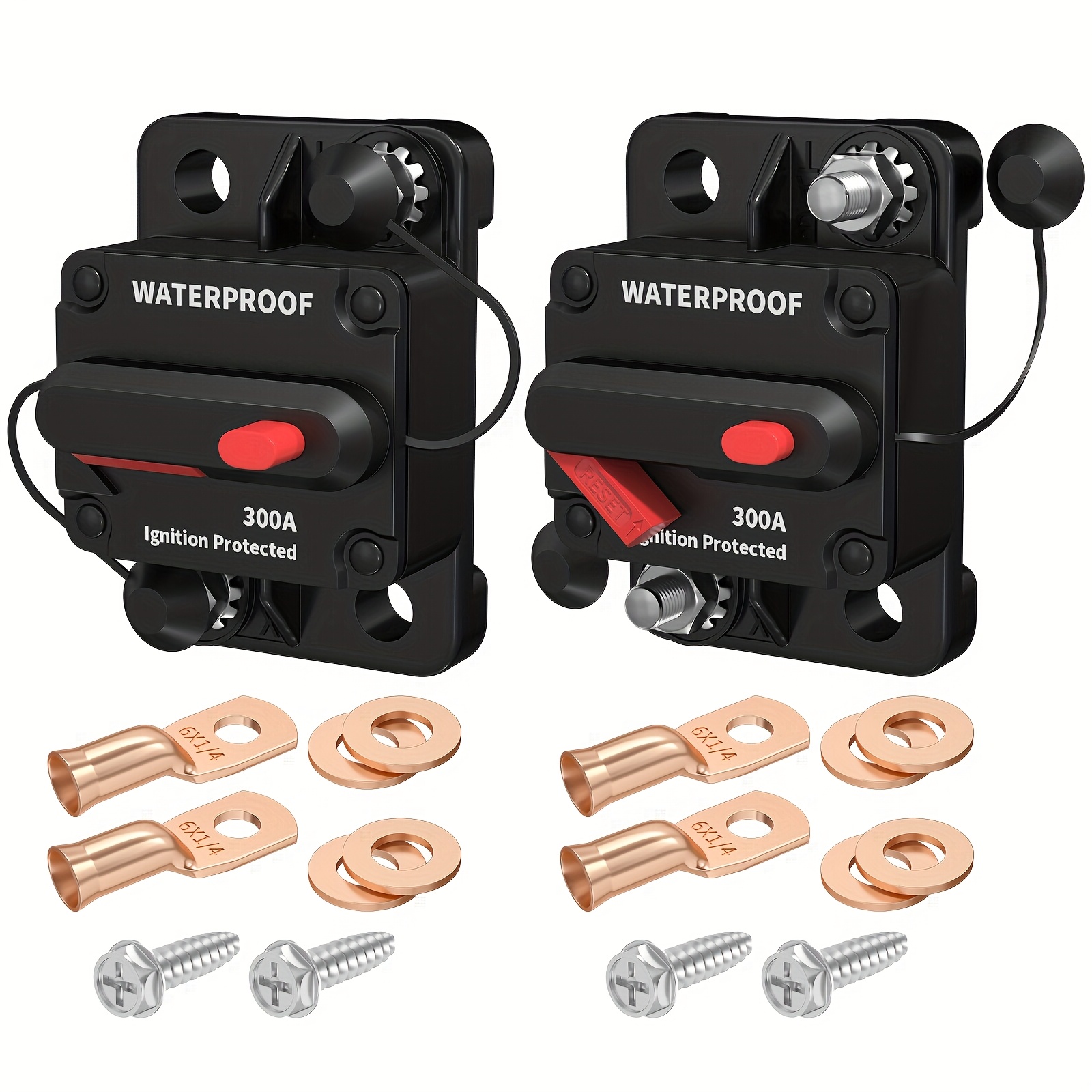 30a/40a/60a/100a/150a/200a/250a/300a Resettable Ip67 Circuit Breaker With Terminals (2-pack) - 12v Marine Grade, 100 Amp Auto Reset Fuse With Copper Connectors For Boat/rv/truck/