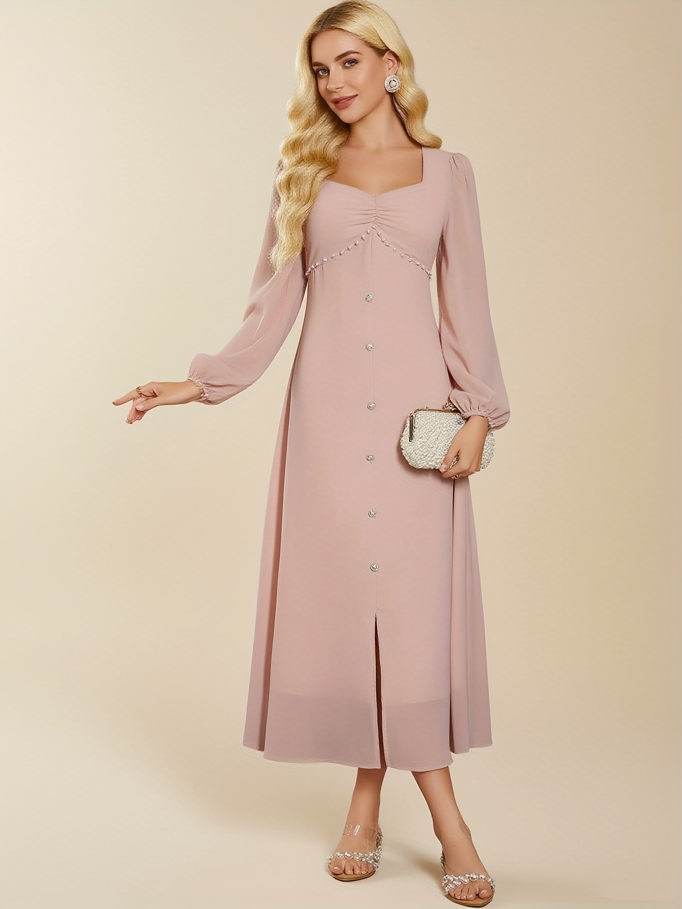 elegant womens eid dress pink square neck long sleeve pearl - Temu Bahrain