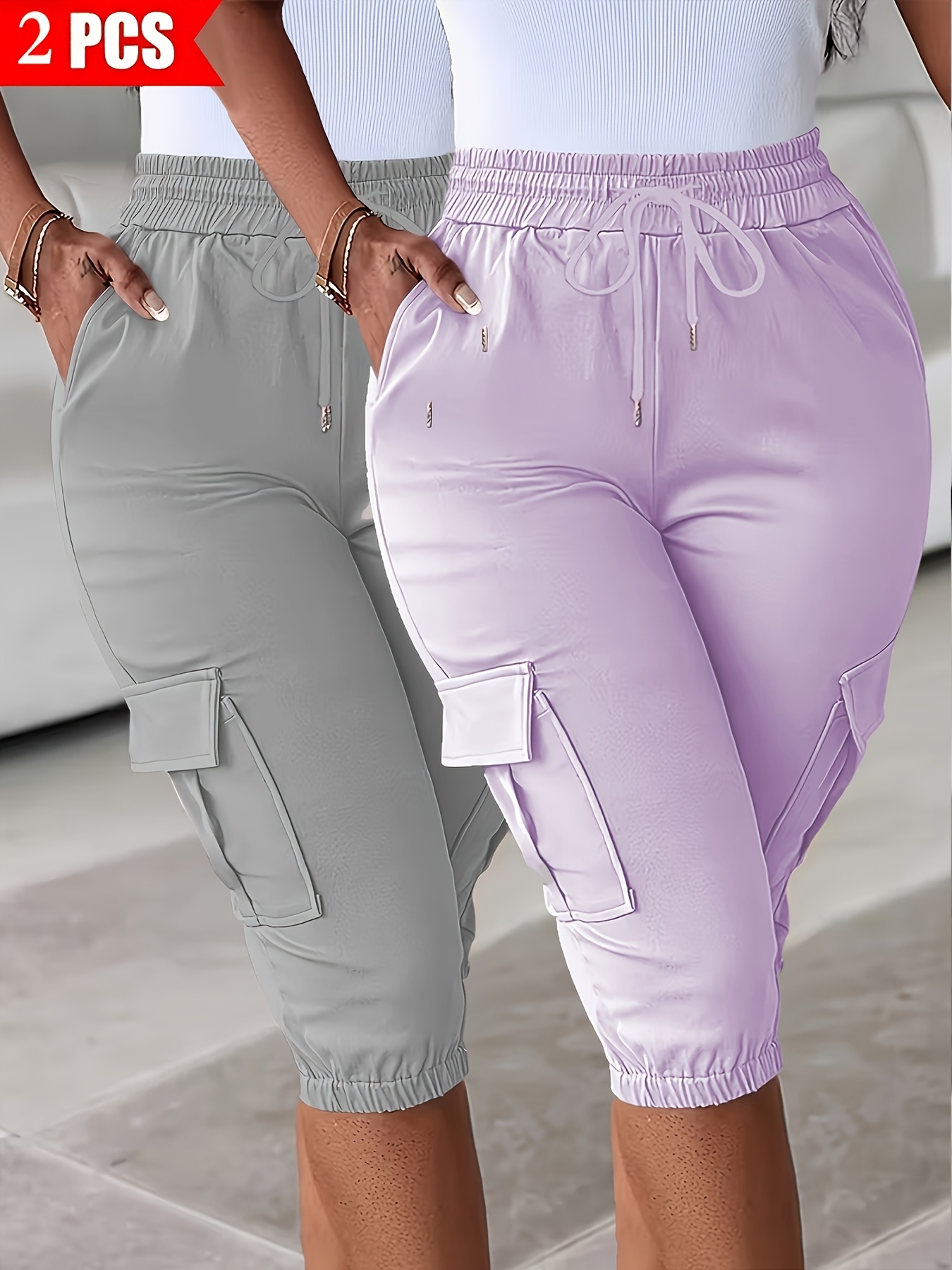 2pcs Women's Cargo Shorts Set, Elastic Waist, Fashionable Style, Cuffed Cargo, Comfortable Fabric, Practical and Convenient