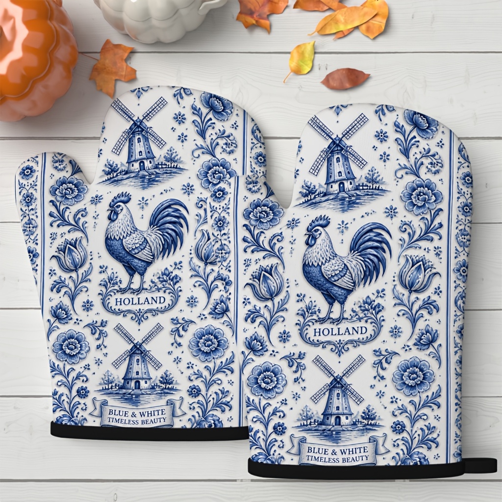 TEMU 2pcs Set Of And White Floral Bird Pattern Oven Mitts, Premium Goods, Suitable For Kitchen, Baking, Home Use, , Delicate Texture, Easy And