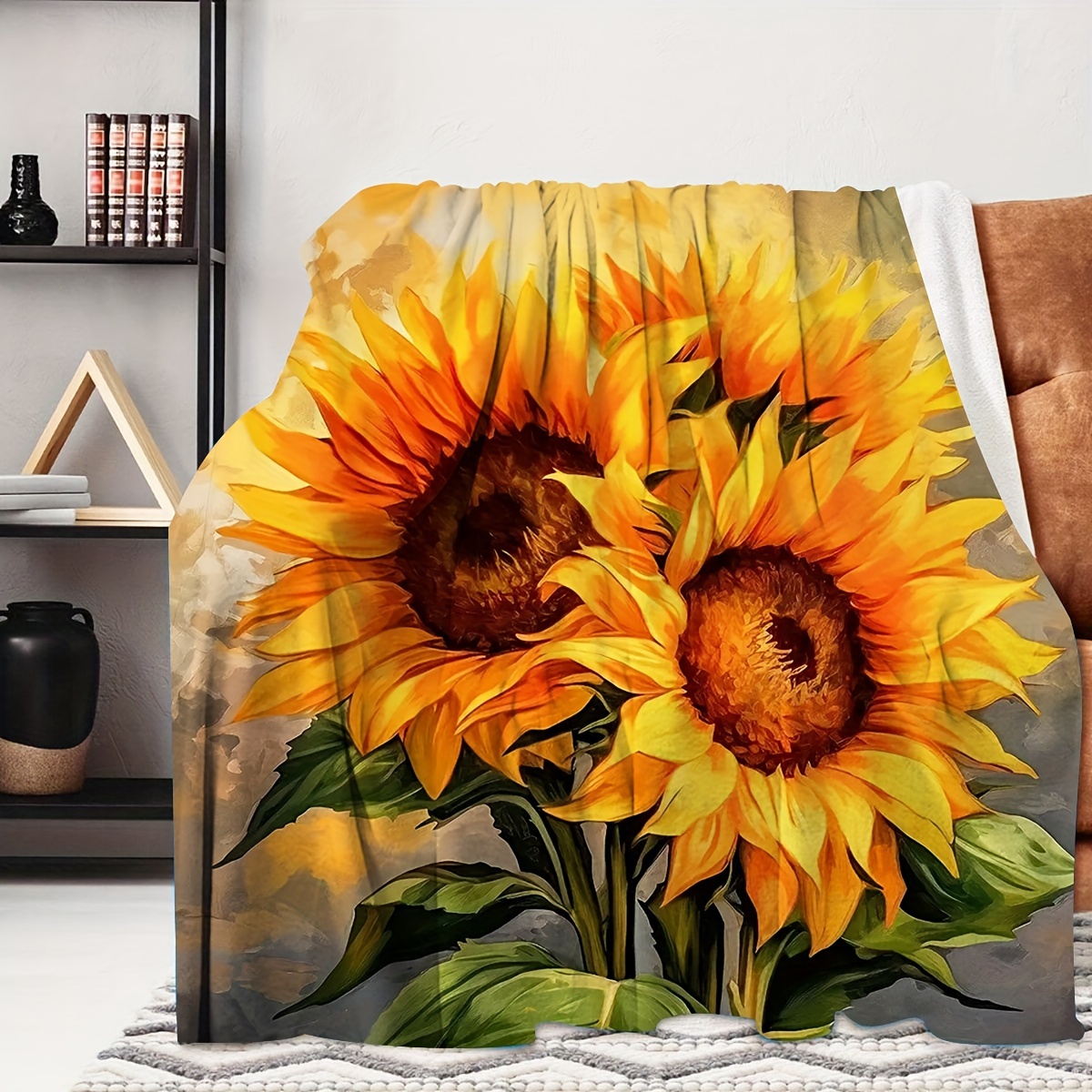 

Contemporary Sunflower Print Flannel Throw Blanket - Soft Comfortable Knitted All-season Multipurpose Polyester Cover For Travel, Camping, Home Office Decor - Machine Washable - Ideal Gift For All