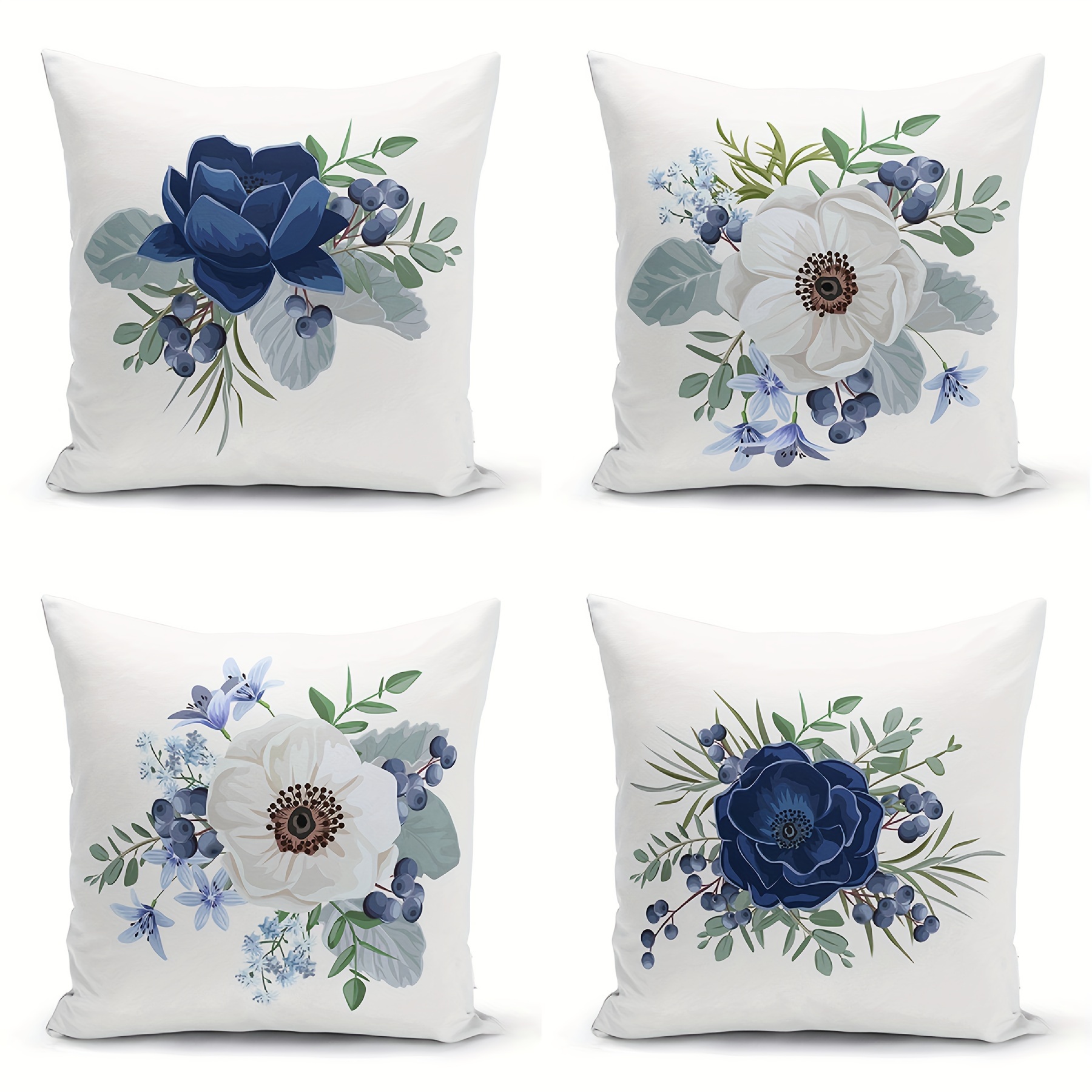 

4-piece Floral Throw Pillow Covers Set, Contemporary Style, Zipper Closure, Machine Washable, Woven Polyester Decorative Cushion Cases For Sofa, Bed, Car, Home Decor - Blue And White Rose Pattern