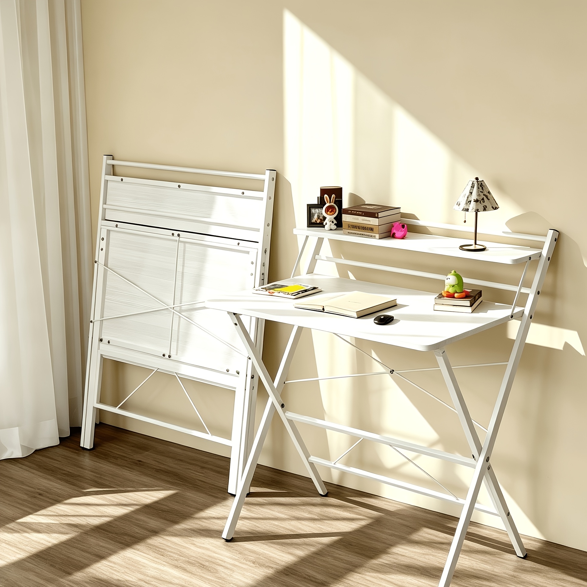 Image of Folding Computer Desk 80x50x107cm, Foldable Desk For Indoor Use, With Storage Compartment And Monitor Mount, Folding Table For Home Office