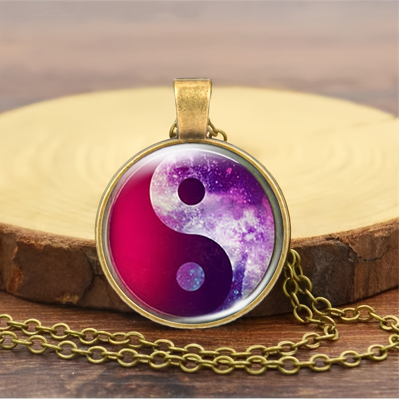 Brown Metal Tai Chi Pattern Glass Inlay Classic Chain Necklace