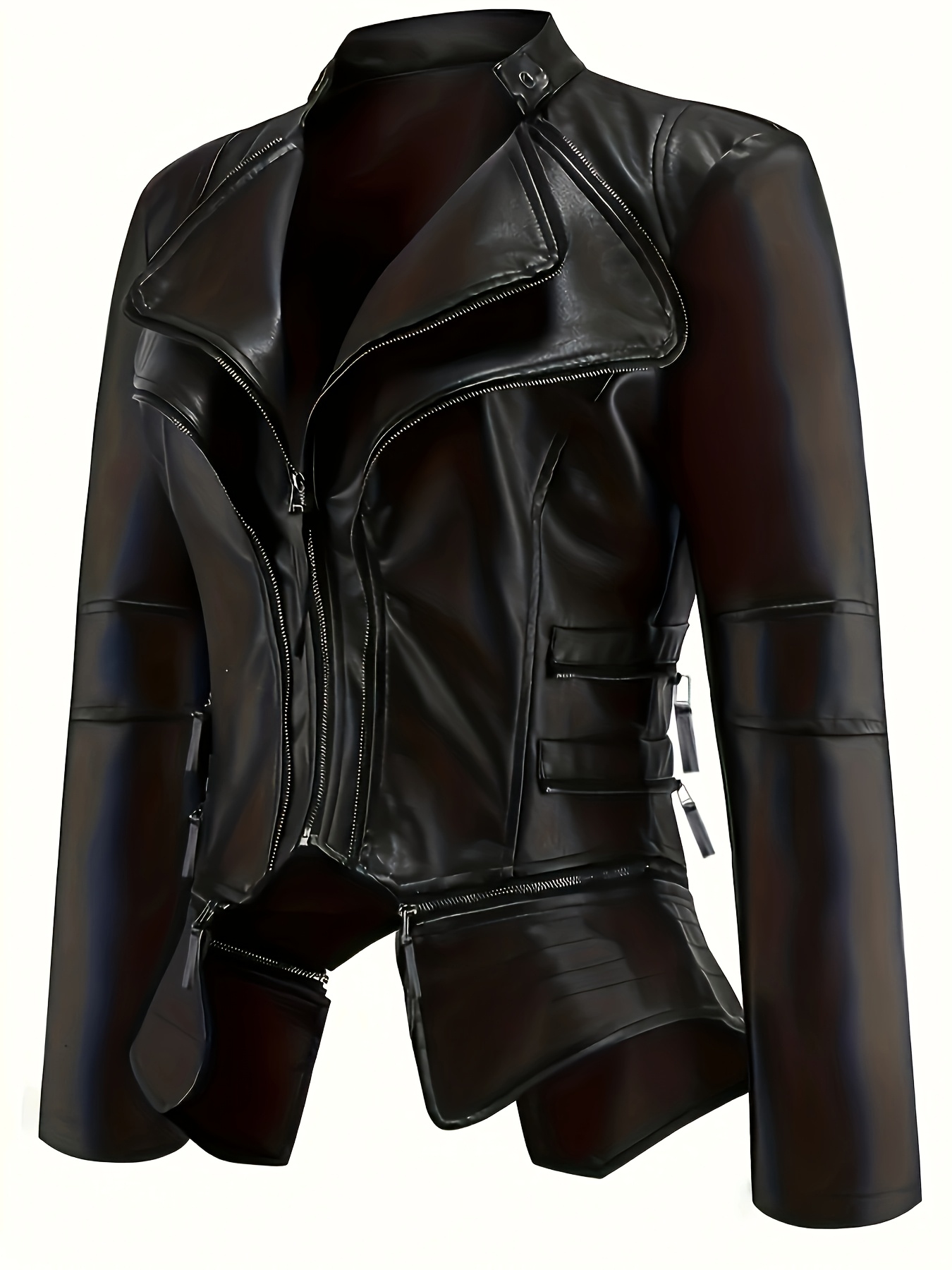 2025   gothic zipper jacket short length elegant biker inspired coat with ribbed cuffs waist accents 100 polyester machine washable outerwear for casual formal   0