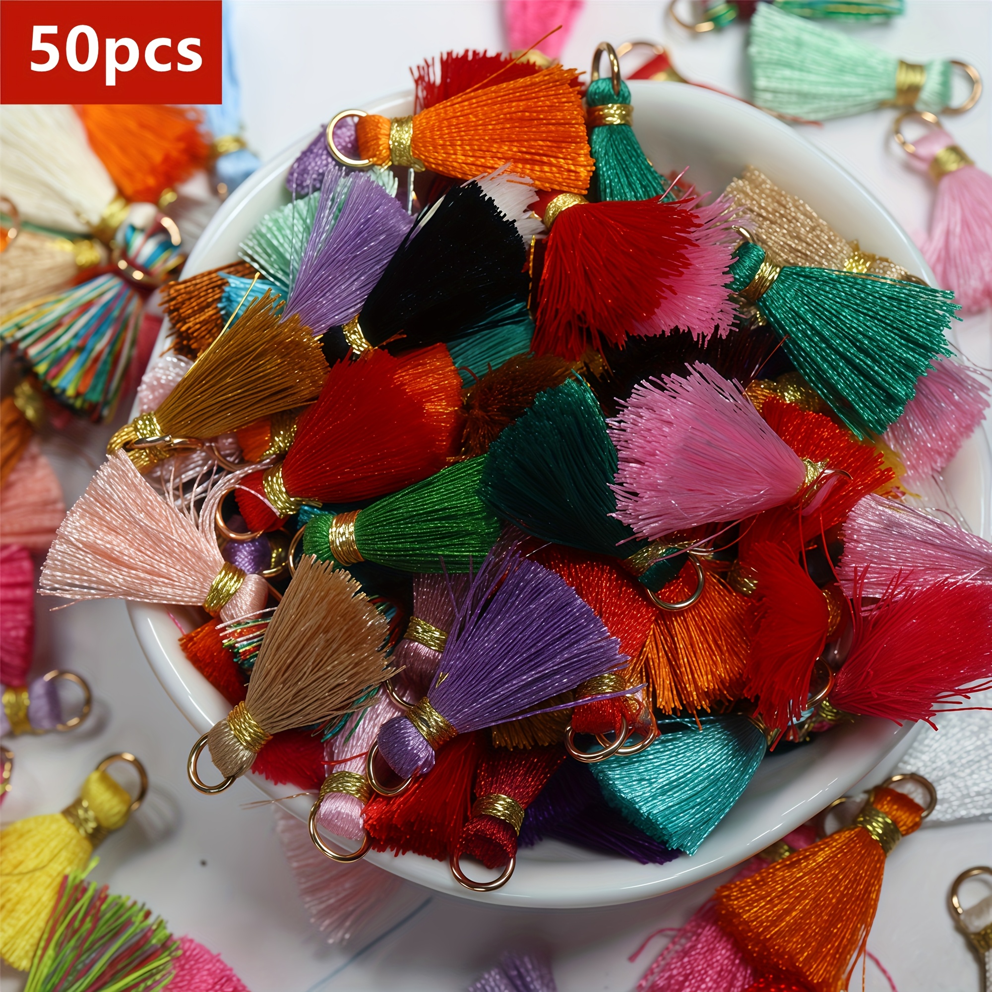 E-shop Ein Set aus 50 gemischtfarbenen 25-mm-Artikeln mit goldenen Faderringen, Kreisen, Quasten und handgefertigten Schleifen-Haarspangen,