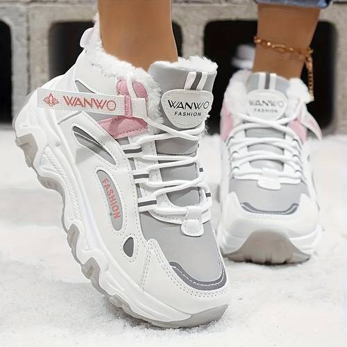 womens stylish and warm shoes high with plush lining white and blue color scheme thick comfortable and versatile casual sneakers