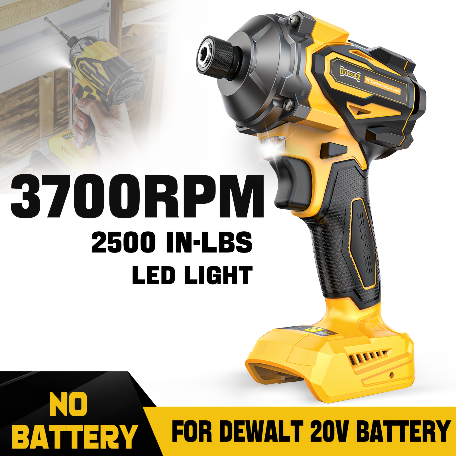 TEMU Diytoolifz 2500 In-lbs (180 Ft-lbs) 1/4'' Cordless Brushless Impact Driver, 3-speed (0-3700 Rpm), D-ewalt 20v Compatible, With & Led Light For