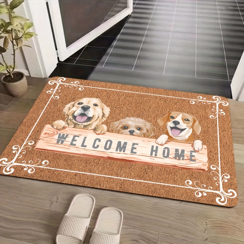 

Puppies Welcome Home Door Mat - Non-slip, Machine Washable Indoor/outdoor Rug For Farmhouse Decor - Soft, Absorbent & Brown Entrance Carpet