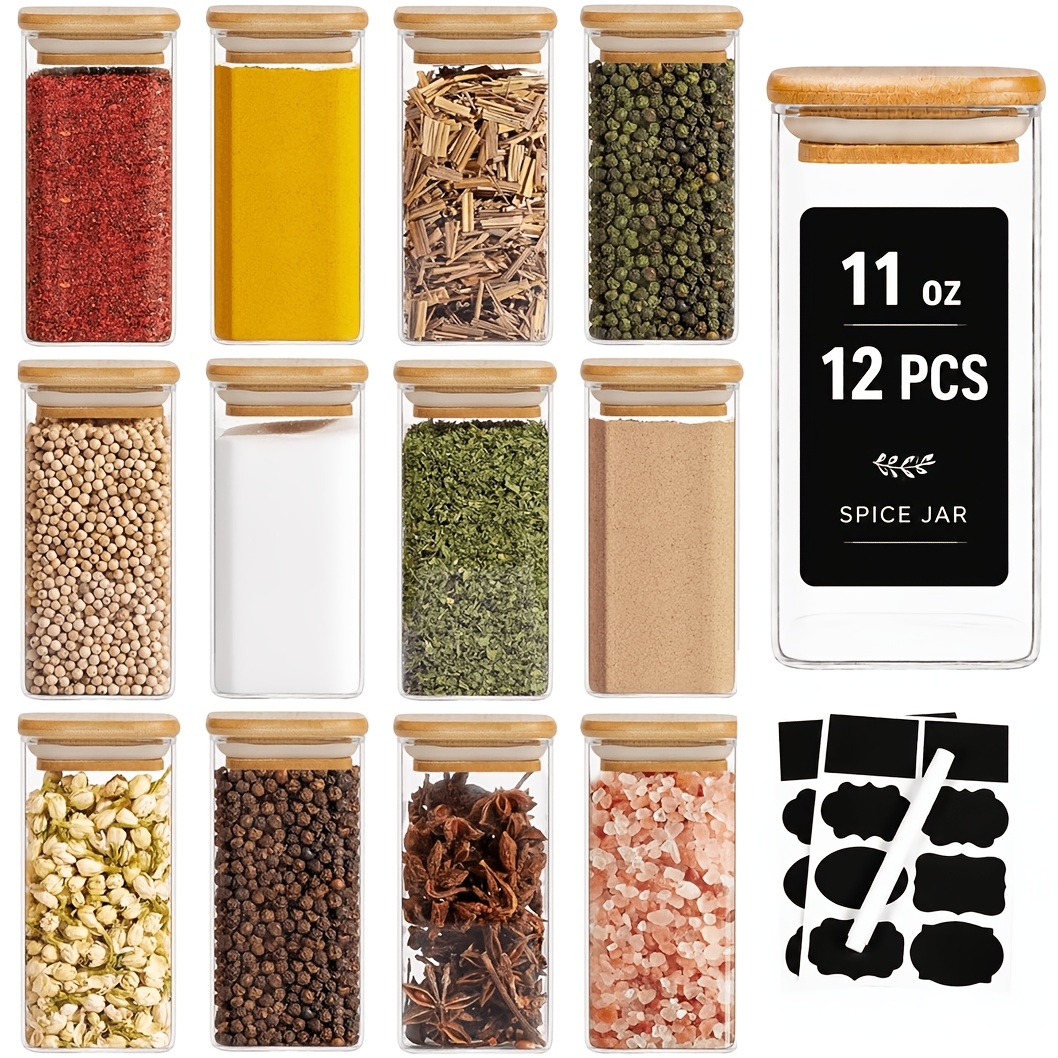 TEMU 12-pack 11oz/325ml Square Glass Spice Jars With Bamboo Lids, Spice Storage Containers With 16 Black Labels And 1 Marker, Kitchen Seasoning