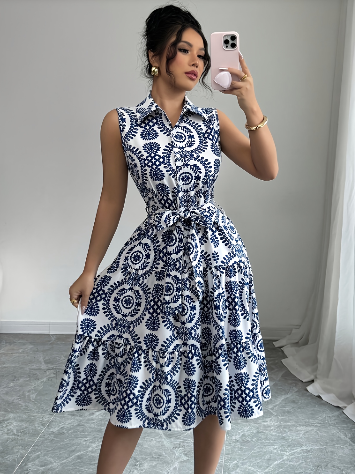 Women'S Sleeveless Floral Dress High-Waisted, Knee-Length, Blue White  Pattern Spring/Summer Office or Casual Casual Outing A