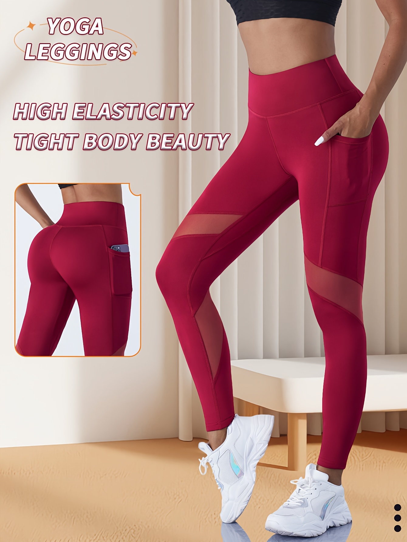 Yoga Tights with Abdominal Reduction and Contrast Color Mesh Fitness Gym Tights with Side Phone Pockets Yoga Leggings