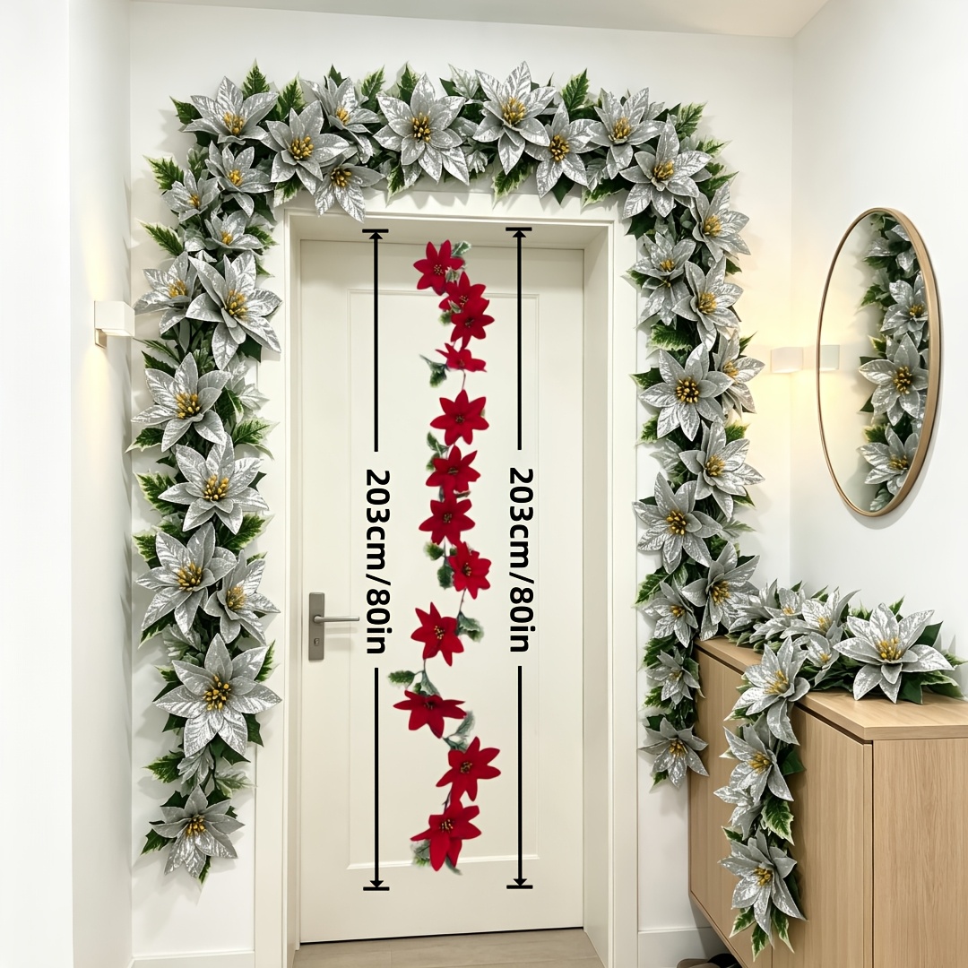 TEMU 203cm Holly Christmas Flower Vine - Ideal For Christmas, Restaurants, And Fireplaces, Farmhouse Style Wreath For Christmas Decor, Doorframe,