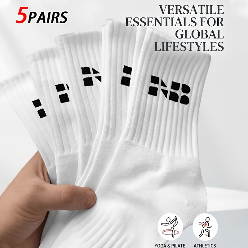 TEMU 5 Pairs Women/men Unisex Comfortable Breathable Mid-calf Sports Socks, White Casual And Outdoor Wear Socks