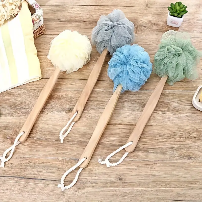 1pc long handle bath sponge large exfoliating shower pouf manual back scrubber brush unscented no battery needed bath exfoliation tool pastel bath poufs durable bath sponge Product details 0