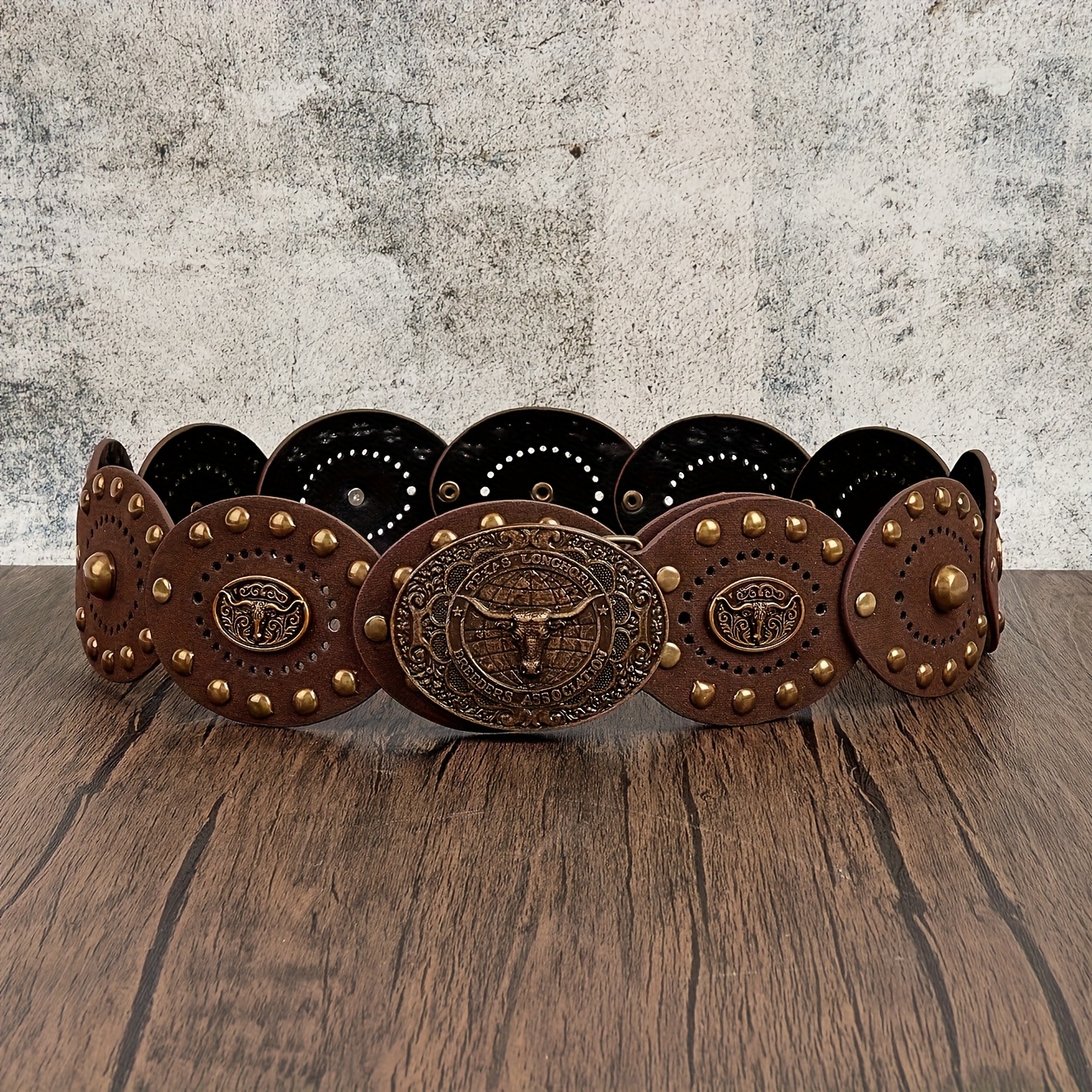TEMU 1pc Of Women's Brown Western Cowboy-style Bohemian Trendy Wide Belt, Featuring Brown Pu With Vintage Bronze Rivet Embellishments, An Oval