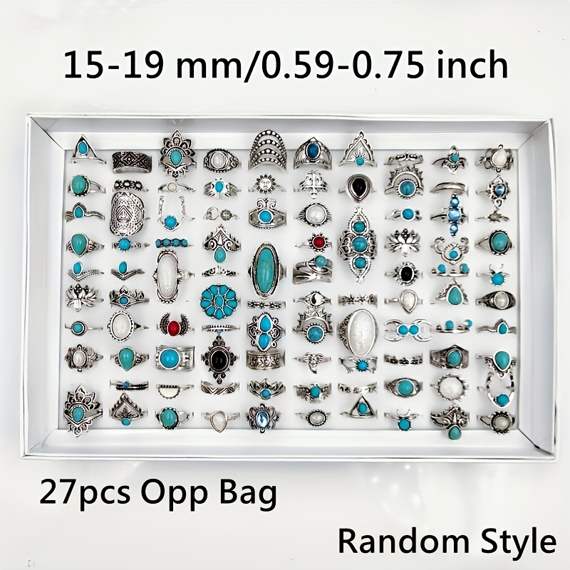 TEMU Wholesale 27pcs/pack Women's Fashion Stacked Ring Retro Bohemian Style Drip Oil Ring Black And Silvery Color Alloy Women's Ring Size 15mm-19mm