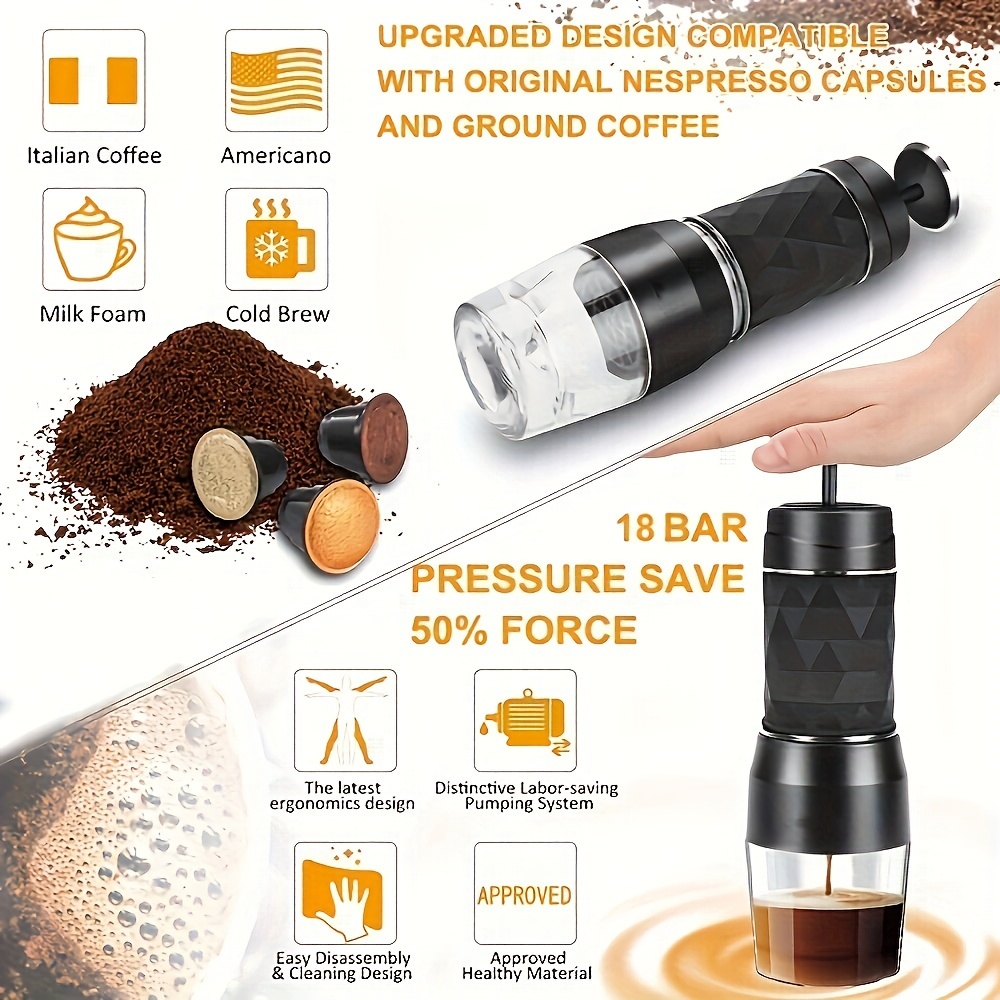 1pc travel coffee maker portable espresso machine manual espresso with rich thick crema mini coffee maker using capsule ground coffee handy espresso maker for travel camping outdoor hiking use details 4