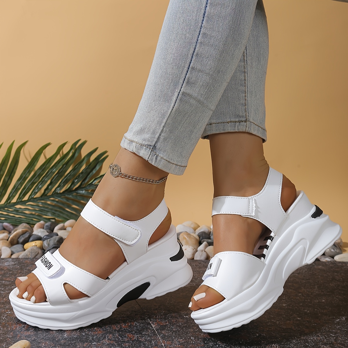 Women'S Summer Fashion Platform Sandals - Casual Open Toe, Hook-and-loop Fastener Strap, White with Black Accents, Rubber Sole, Synthetic Cover, Perfect for Beach or Outdoor Activities, Summer Footwear | Casual Chic | Comfortable Footwear