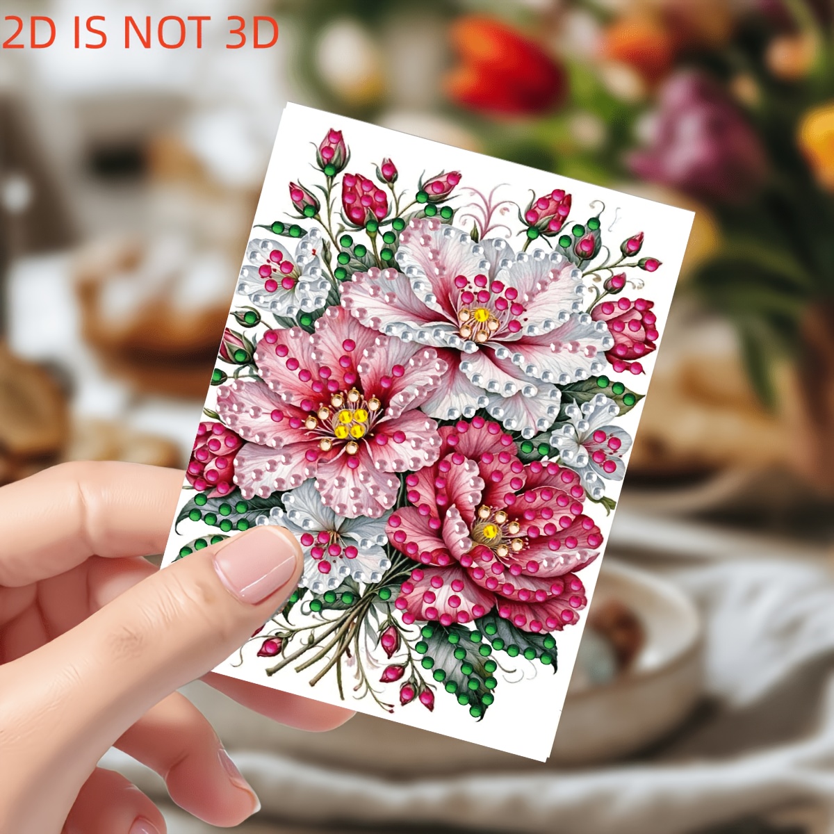 TEMU Nieuwe Prachtige 6-delige 2D Platte DIY - Roze en Witte Pioenroos Bloem Serie Painting Wenskaarten, Art Ontwerp. DIY Ronde Strass Steentjes