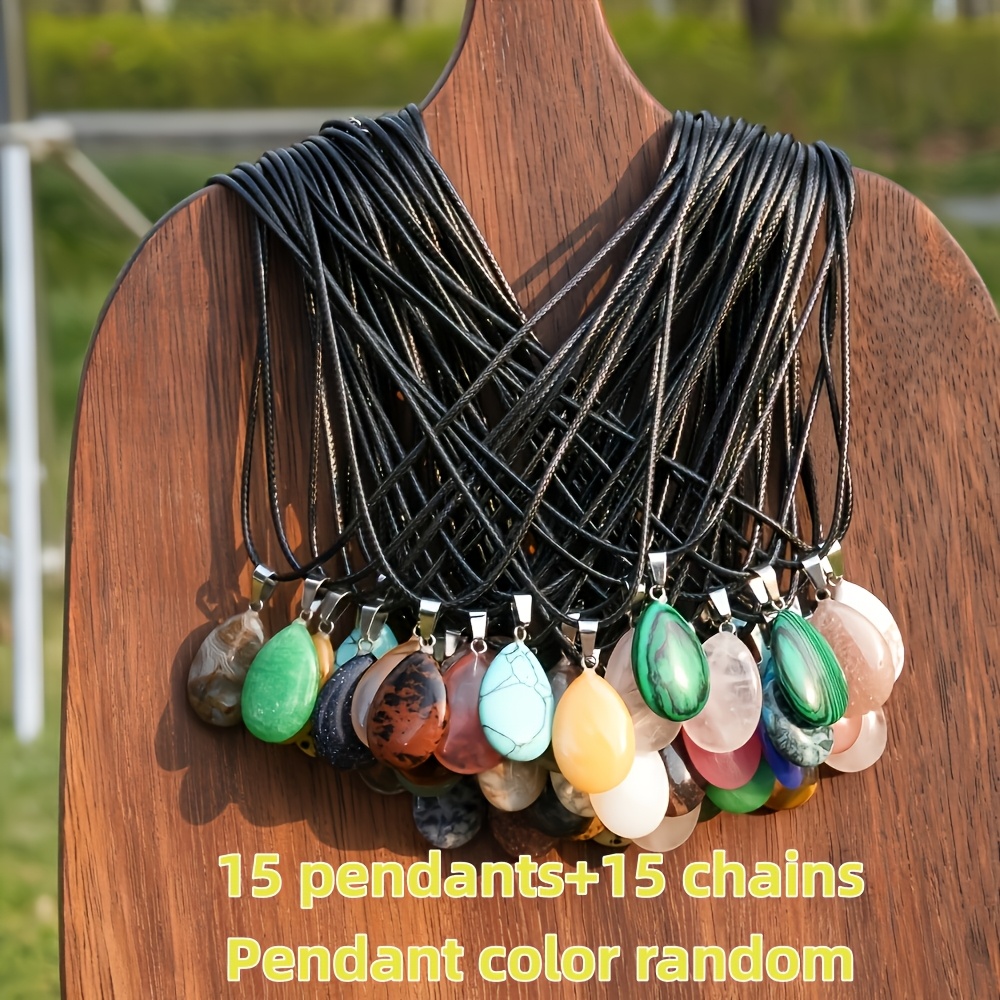 TEMU 30pcs Teardrop Chakra Crystal Pendant Set With Black Wax Cord Necklace, Random Color Bohemian Stone Teardrop Necklace Set, Diy Handmade Jewelry