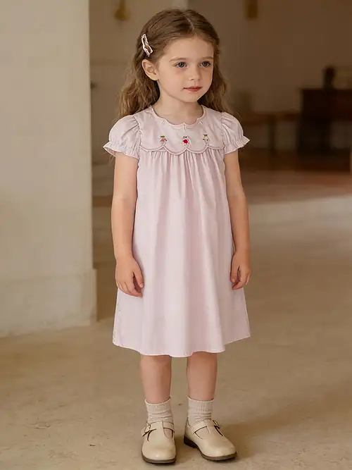 25087 Summer * Floral Embroidered Solid Color Girls' Casual Korean-Style Dress 25087 Summer * Floral Embroidered Solid Color Girls' Casual Korean-Style Dress