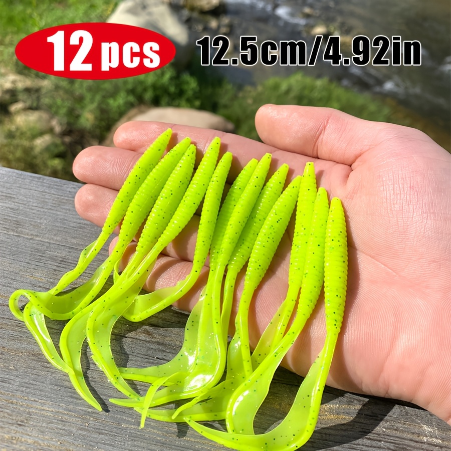TEMU Pack de 12 Leurres Souples - Spinnerbaits à Queue Recourbée avec Matériau TPE Pailleté, de 6 Couleurs pour la Pêche au Bar et Truite en Eau