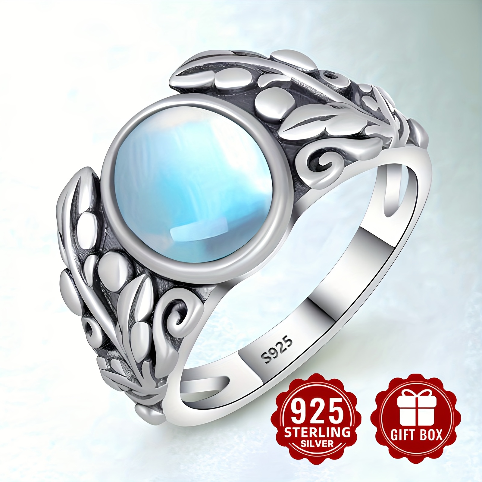 Sterling Silver Moonstone Ring Victorian Leaf Design