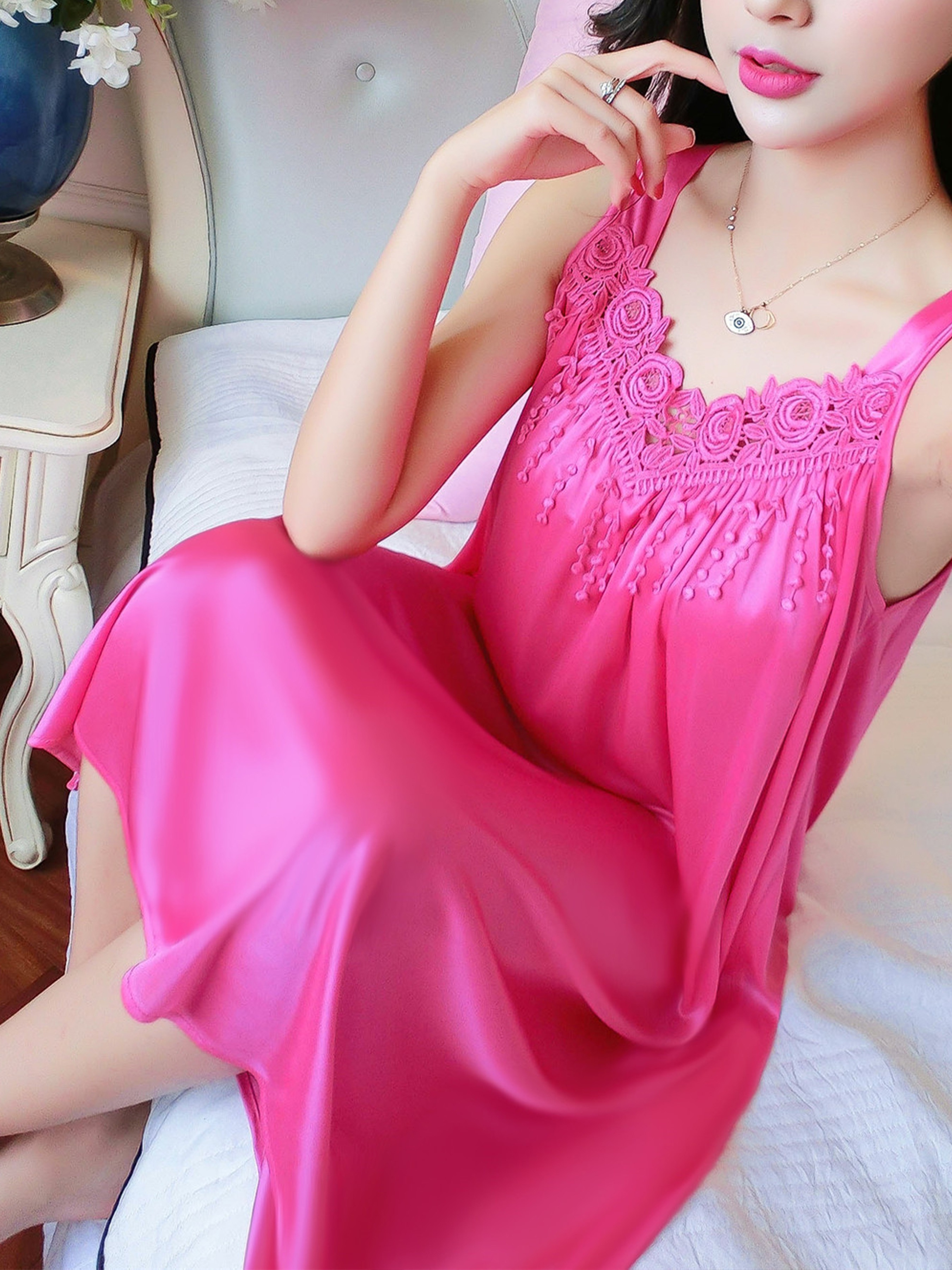 Plus Size Women's Sexy Sleeveless Spaghetti Strap Sleep Dress - Lightweight Ice Sliky Fiber Mid-Length Nightgown, Vibrant Red Non-See-Through Summer Pajama & Lounge Wear