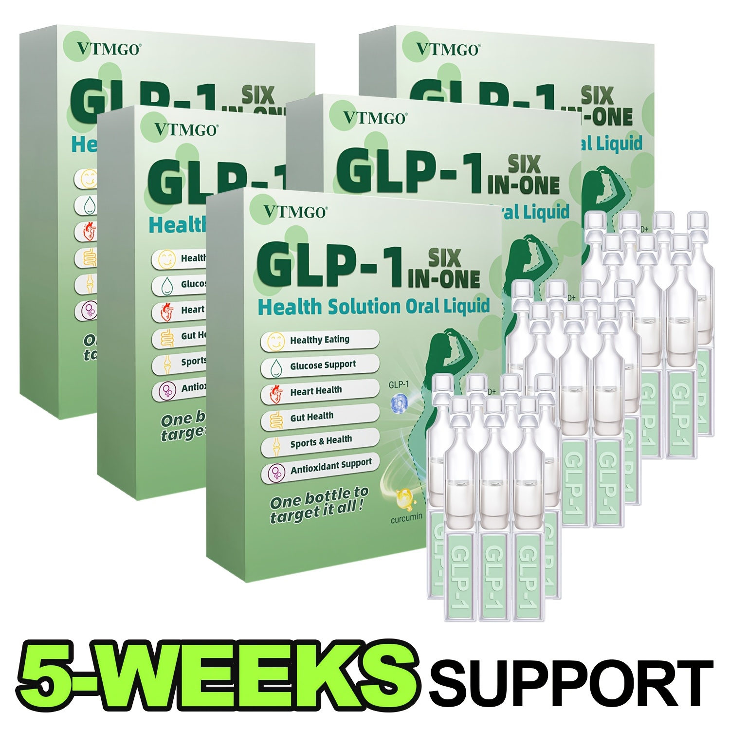 glp-1 6 in one liquid five containers of six-in-one peptide complex oral solution - overall  balance and wellness - contains ingredients that aid and boost , suitable -  no water required - health & household
