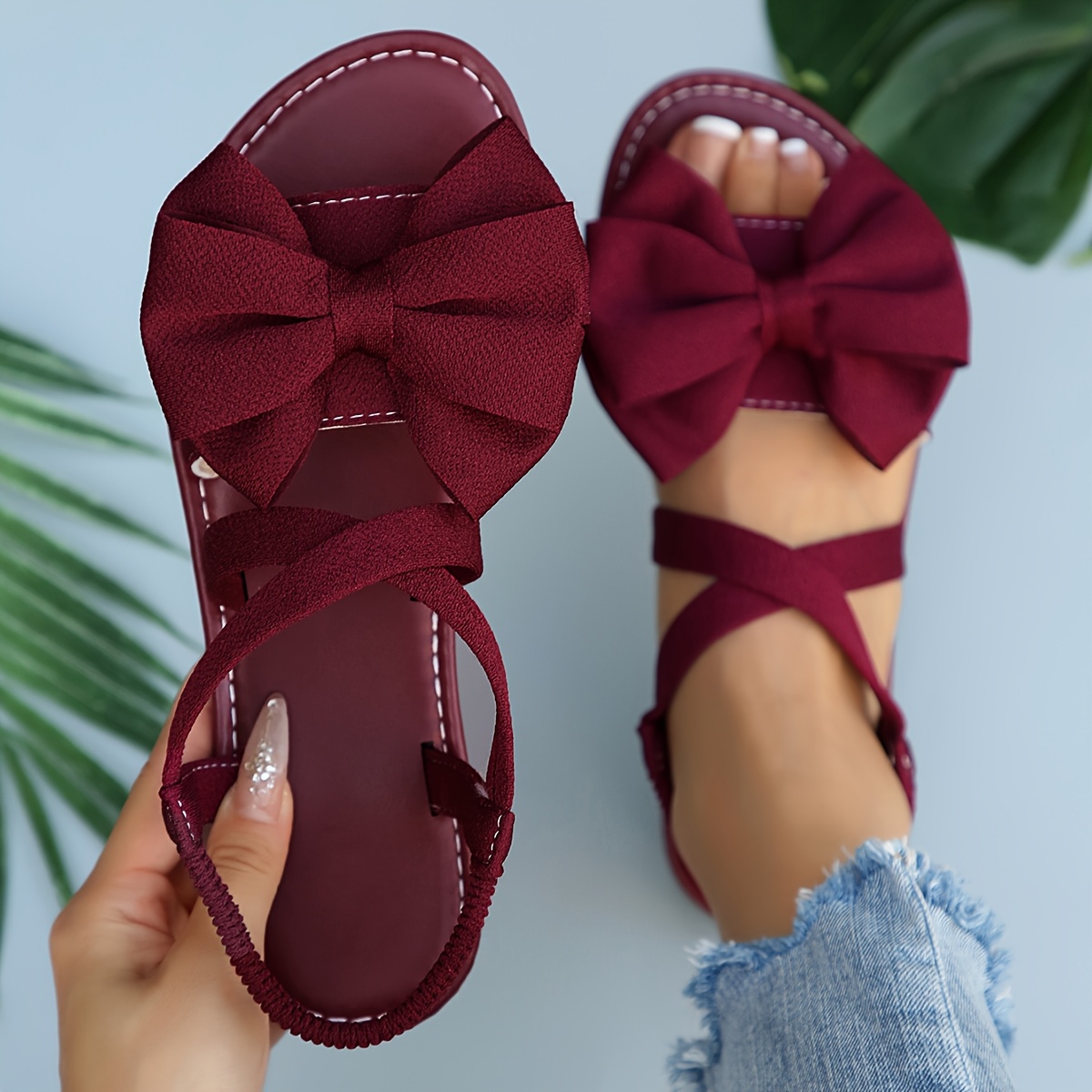 TEMU Sandales pour femme à lanières entrecroisées rouge vin avec fermeture élastique à la cheville et semelle en TPR - Mules plates adaptées pour la