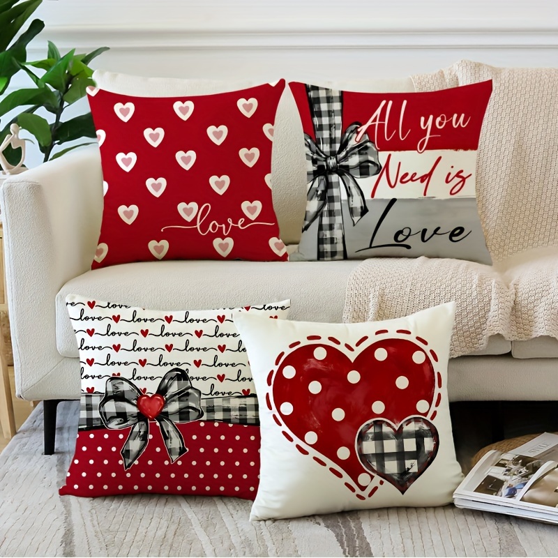 

4pcs Valentine's Day Red Covers - 18x18 Inch, Zipper Closure, Machine Washable, French-inspired Decorative Cushion Covers & Bow For Sofa And Bedroom, Polyester, No Insert, Pillows For Couch