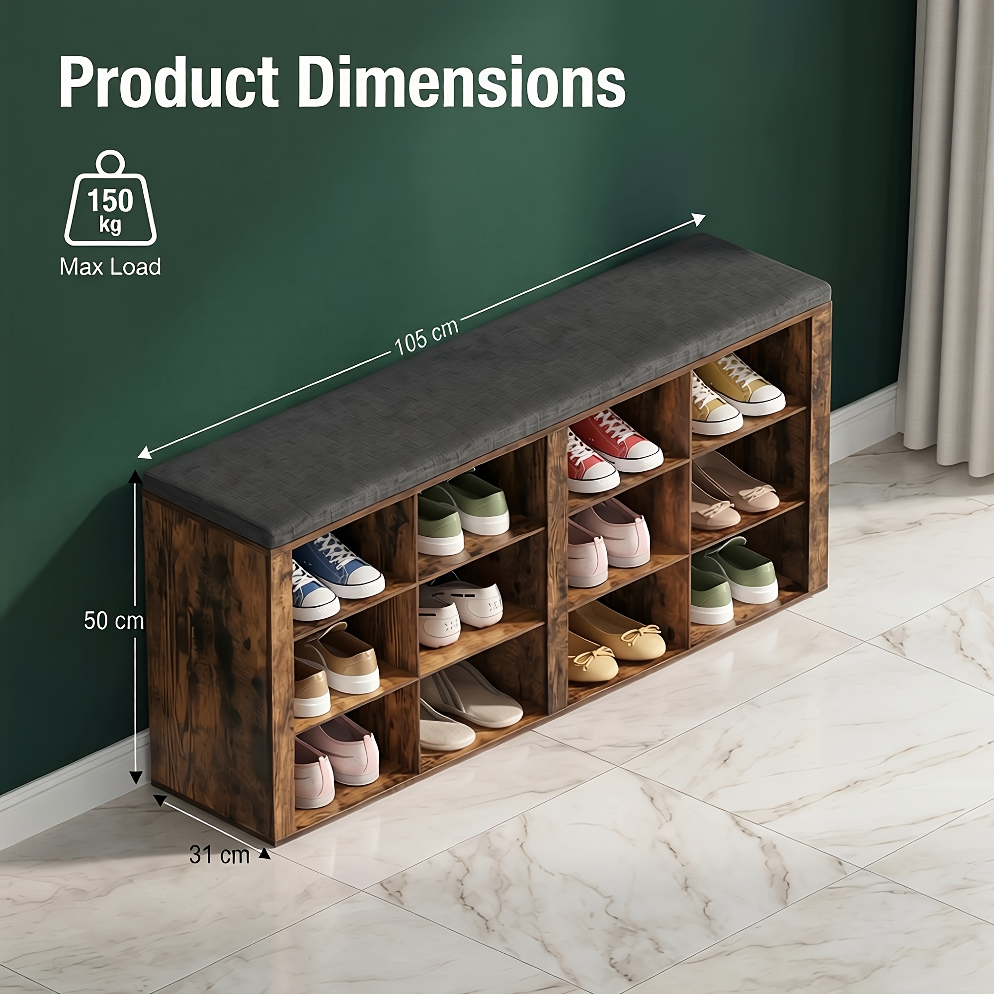Image of 105cm Wide Shoe Storage Bench, 50cm Comfortable Seat Height, 12 Compartments For Shoe Storage, Adjustable To Long Boots, And The Seat Cushion Is Washable
