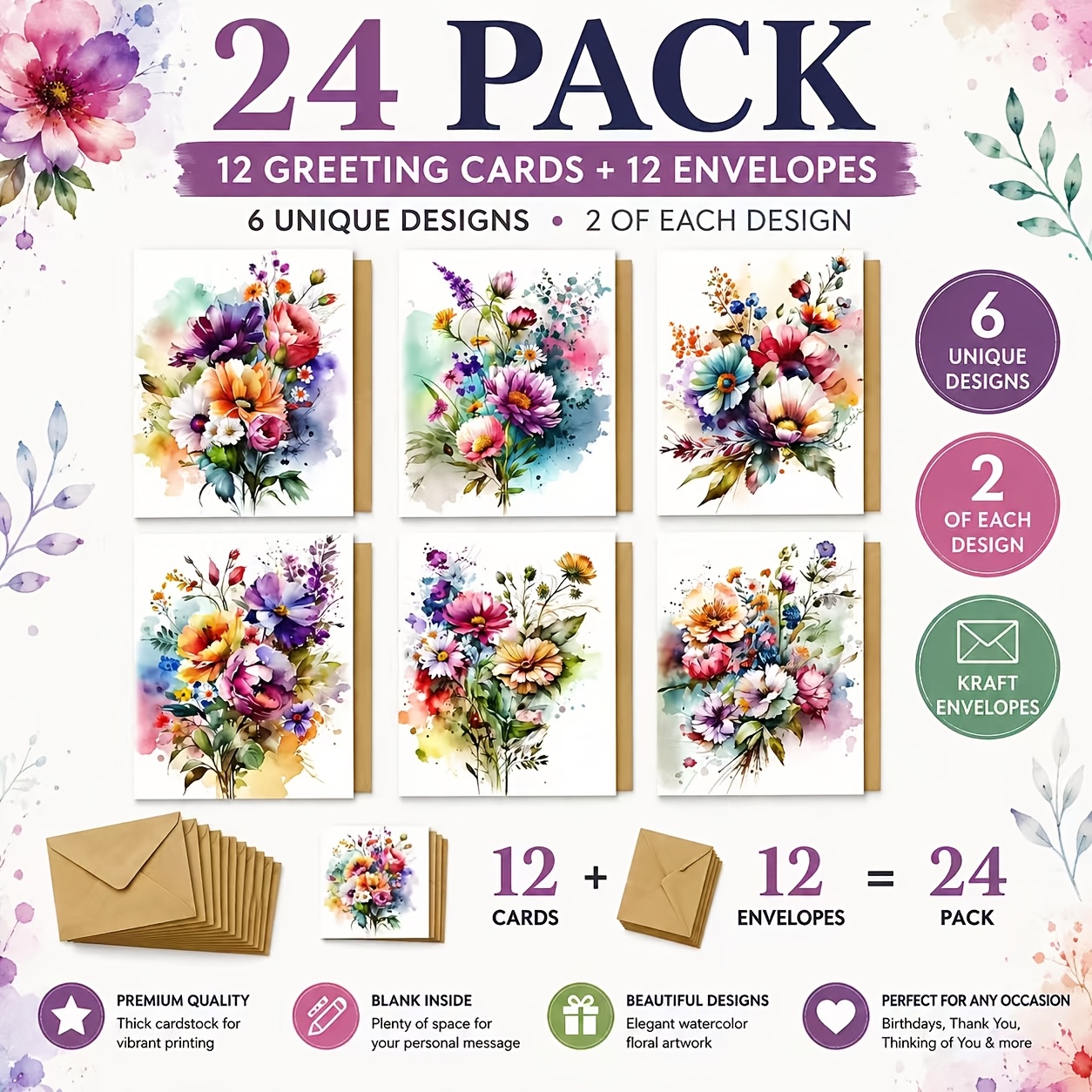 TEMU 24pcs Watercolor Floral Universal Greeting Card Set With Envelopes, 6 Styles Of Vintage Watercolor Flowers Blessing Cards, Blank Inner Pages For