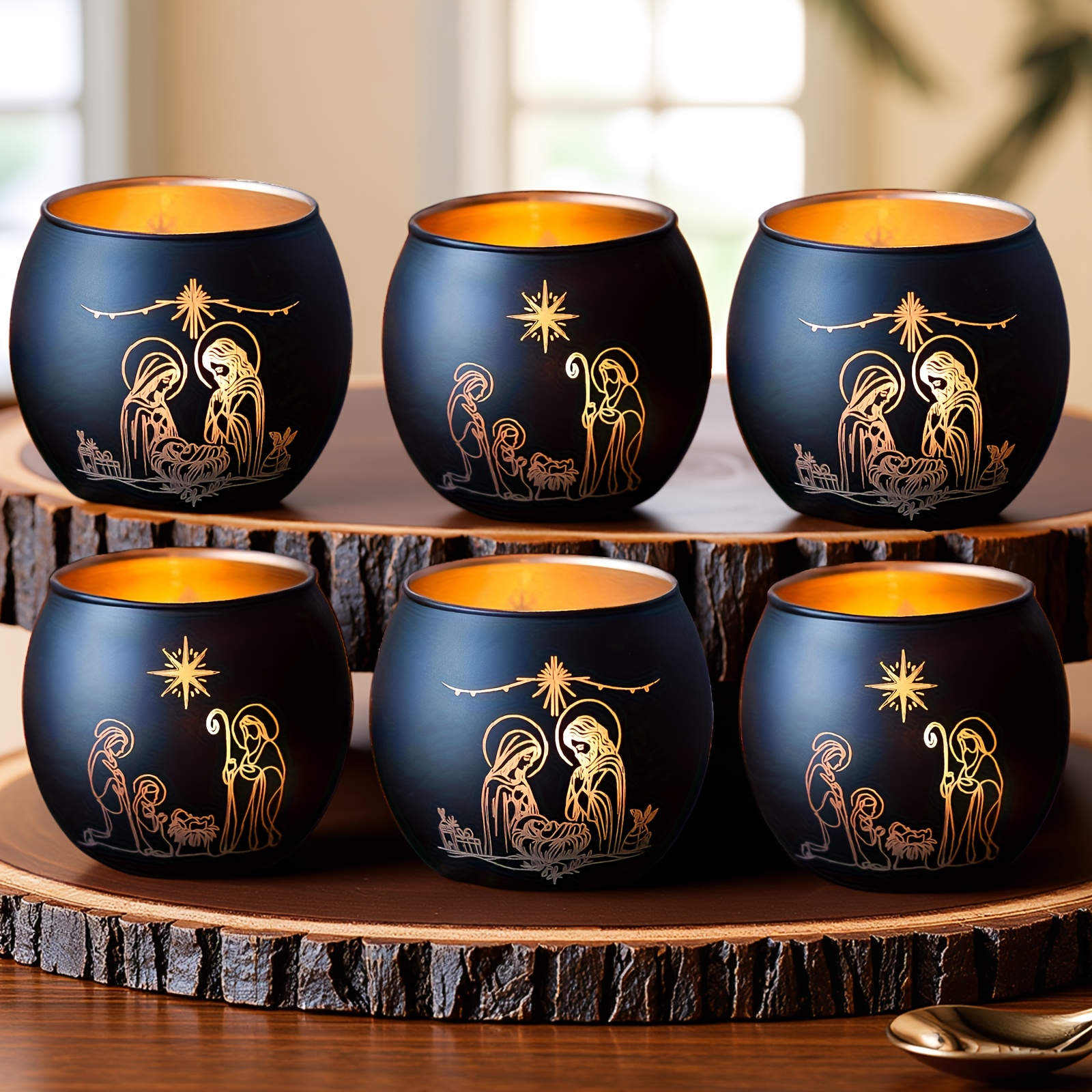 TEMU 6pcs Black Seasonal Celebration Candle Holders, Nativity Scene Design Christ Birth, Glass Decorative Candle Holders, Room Types, Christmas Home