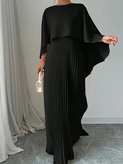 Women's Elegant Solid Color Minimalist Casual Cape Shawl Non-Detachable Dress Casual Daily Party Gathering Women's Dress Round Neck Solid Color Pleated Long Dress Fashion * Versatile Women's Elegant Solid Color Minimalist Casual Cape Shawl Non-Detachable Dress Casual Daily Party Gathering Women's Dress Round Neck Solid Color Pleated Long Dress Fashion * Versatile