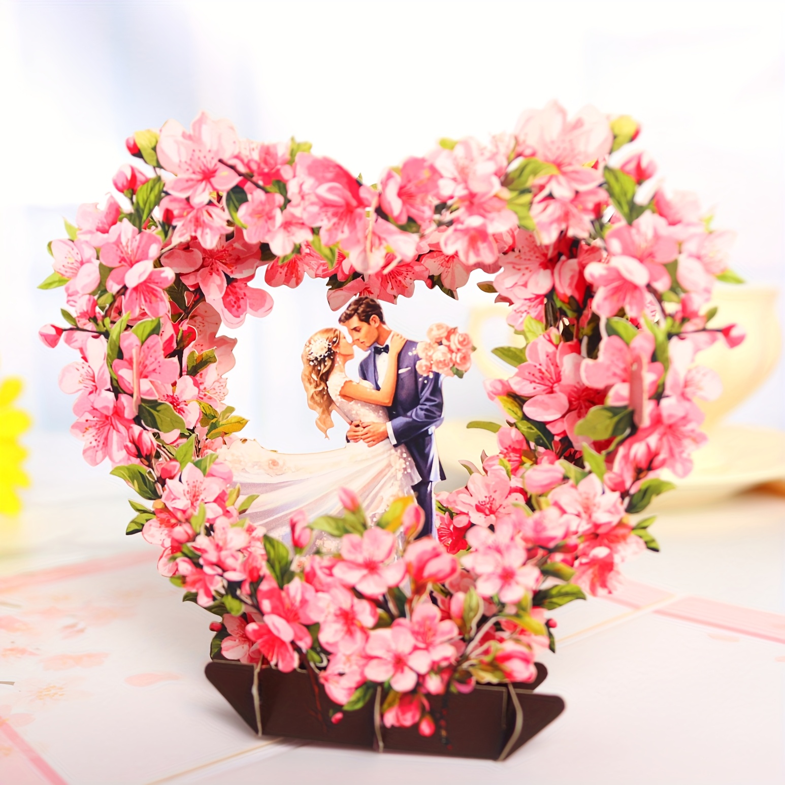 E-shop Elegante 3D Pop-Up Hochzeitsgrußkarte mit Kirschblütenpaar - Herzförmiges Blumendesign, Hochwertiges Papier für Jahrestage, Valentinstag,