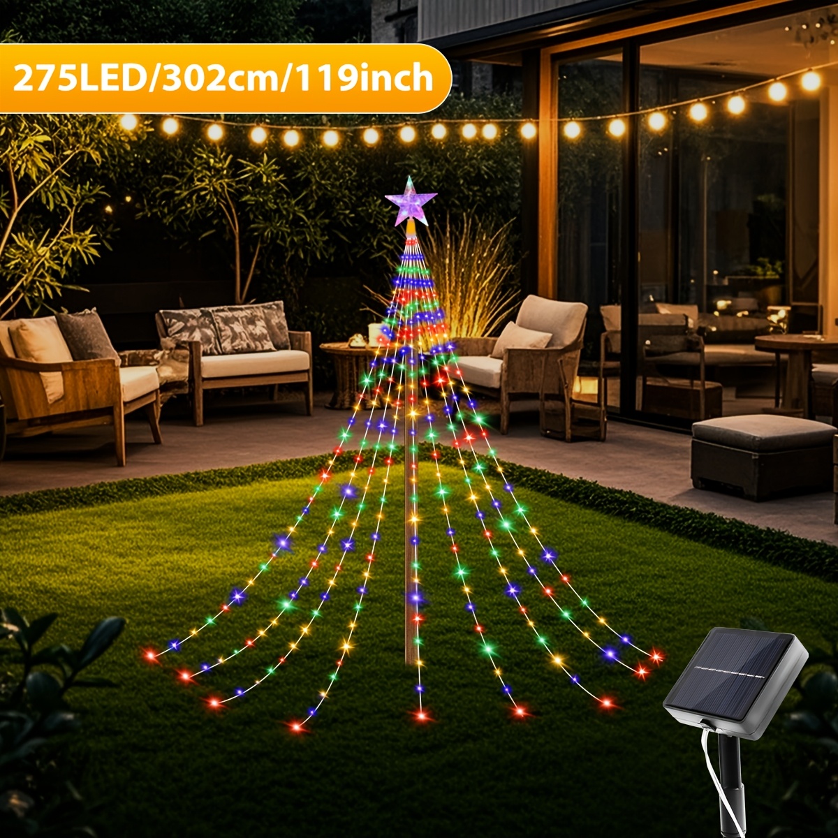 TEMU Luci Natalizie ad Albero a per Esterni con Decorazione a Forma di Stella 195/275 LED Dimmerabile a Otto Livelli per Feste Casa Natale Halloween