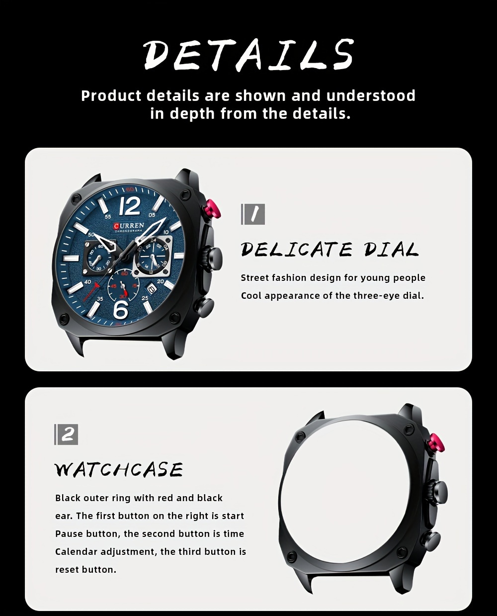 mens fashionable sports watch multifunctional chronograph quartz luminous hands date display   alloy case square dial electronic movement silicone strap   details 2