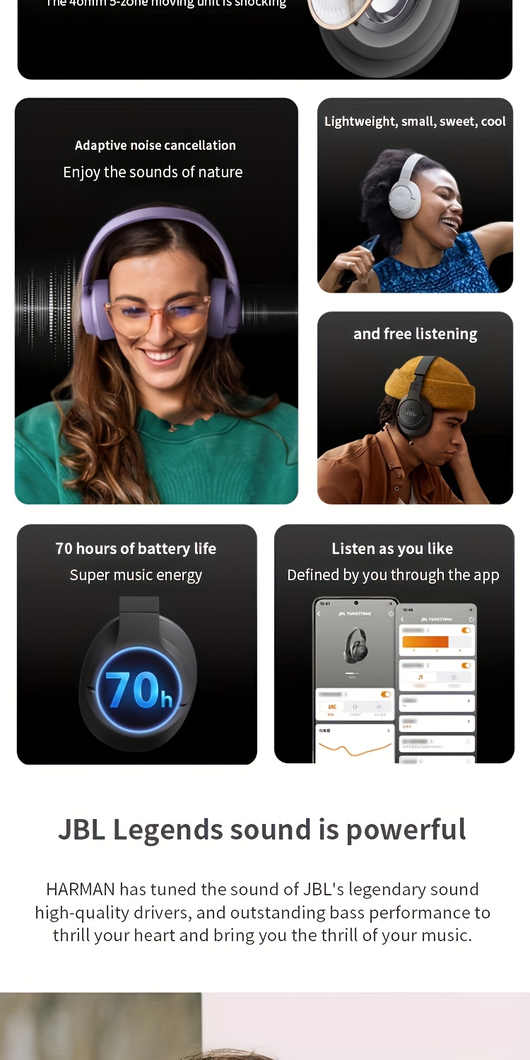 JBL 770NC Wireless Headphones with Noise Cancellation, Ideal for Gaming, Computer Use, Sports, Running, Outdoor Activities, Studying, Premium Earphones Featuring a Built-In Microphone