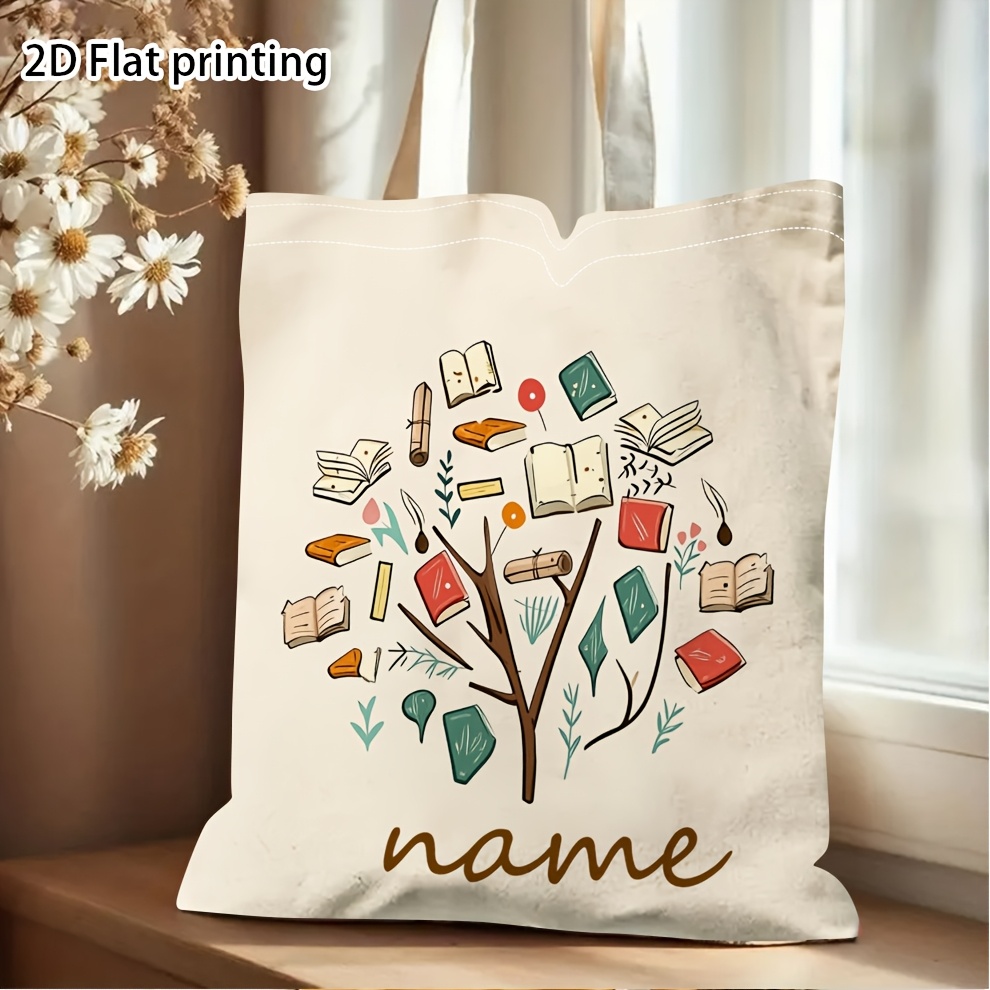 TEMU 1 1pc Personalized Book Theme Tote Bag For Women Customizable Name/initials/text Pattern With Spine Machine Washable Bag For Travel, Commuting