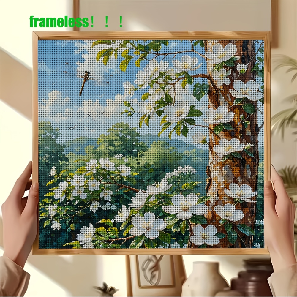 Frameless Stitch Printing Kit, White Flowers & Green Trees Design