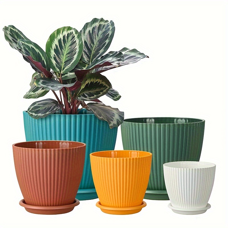 

5 Pack 7.5/6.7/6/5/4 Inch Colorful Stripe Plastic Planters For Plants Pots W/drainage Holes Trays, Flower Plant Pots Decorative Gardening Pot